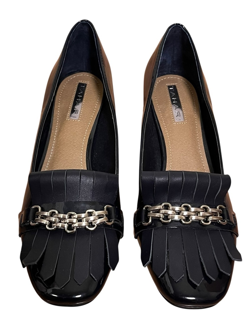 Tahari Mary Navy Patent Loafer Pumps Block Heel Fringe Chain Detail Size 8 - Picture 2 of 12